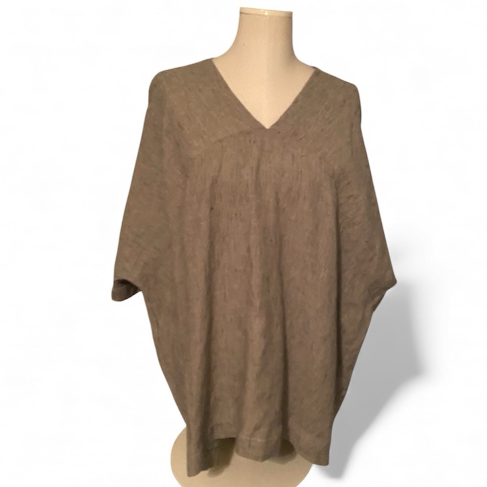 Relaxed V-Neck Linen-Blend Tunic Top - Taupe